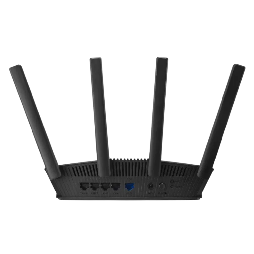 ASUS RT-BE55 WiFi 7 compatible avec AiMesh, routeur double bande noir avec 4 antennes externes, ports Ethernet à l'arrière et conception à grilles d'aération