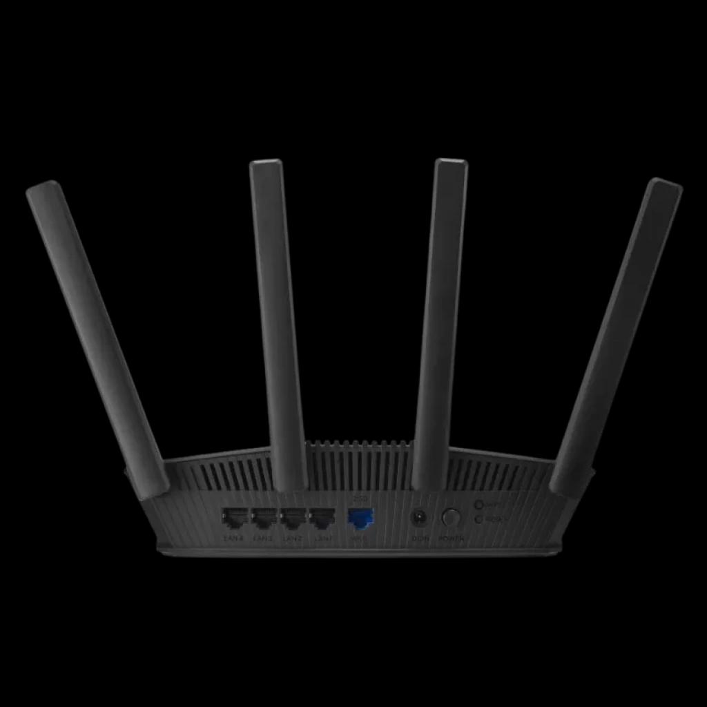 ASUS RT-BE55 WiFi 7 compatible avec AiMesh, routeur double bande noir avec 4 antennes externes, ports Ethernet à l'arrière et conception à grilles d'aération
