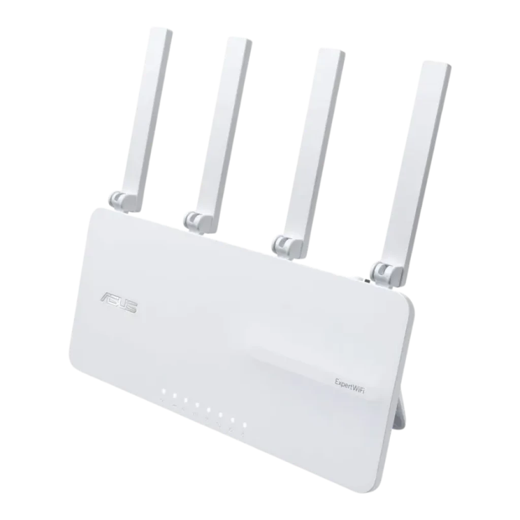 ASUS ExpertWiFi EBR63 WiFi 6 double bande en blanc avec 4 antennes réglables, voyants LED d'état à l'avant et design minimaliste professionnel