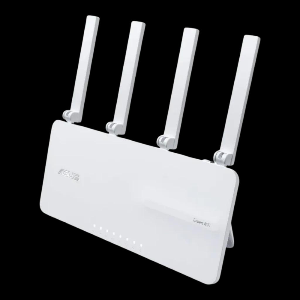 ASUS ExpertWiFi EBR63 WiFi 6 double bande en blanc avec 4 antennes réglables, voyants LED d'état à l'avant et design minimaliste professionnel