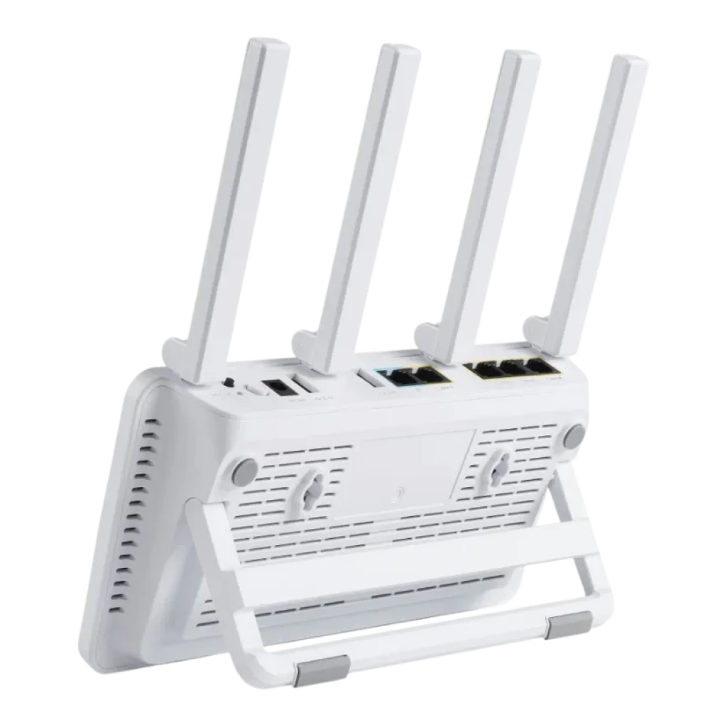 ASUS ExpertWiFi EBR63 blanc avec 4 antennes externes réglables, ports Ethernet à l'arrière, fentes d'aération latérales et support pliable pour montage