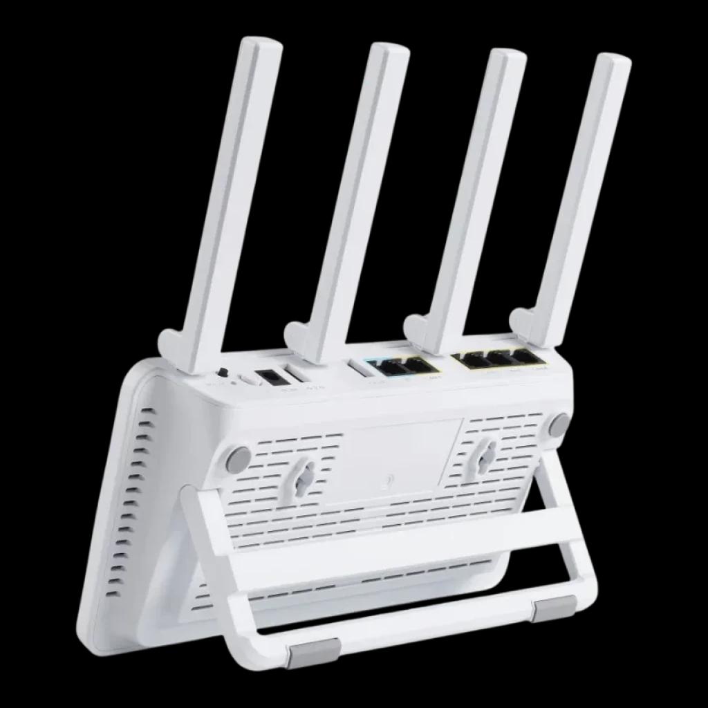 ASUS ExpertWiFi EBR63 blanc avec 4 antennes externes réglables, ports Ethernet à l'arrière, fentes d'aération latérales et support pliable pour montage