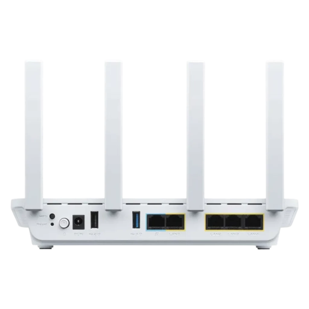 ASUS ExpertWiFi EBR63 WiFi 6 blanc avec 4 antennes verticales, ports LAN et WAN Gigabit, USB A et C, bouton WPS et conception double bande professionnelle