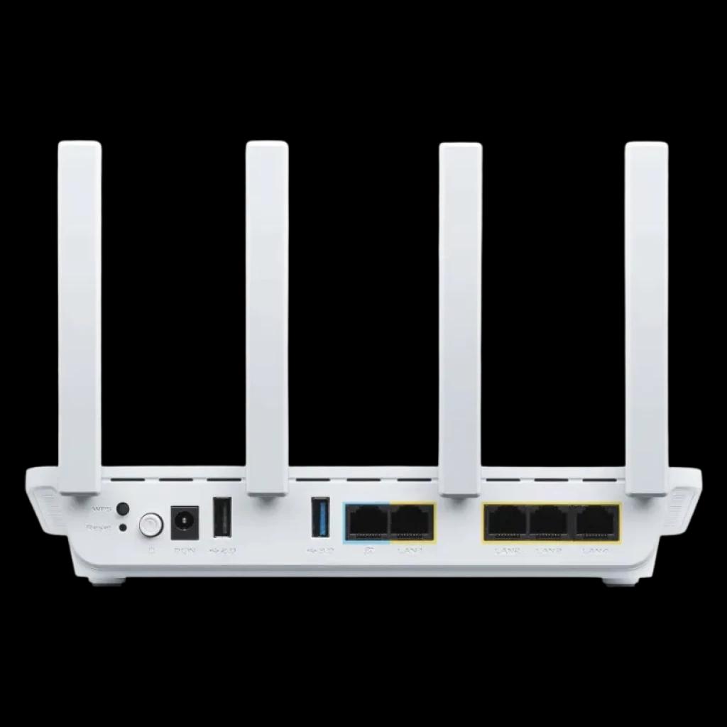 ASUS ExpertWiFi EBR63 WiFi 6 blanc avec 4 antennes verticales, ports LAN et WAN Gigabit, USB A et C, bouton WPS et conception double bande professionnelle