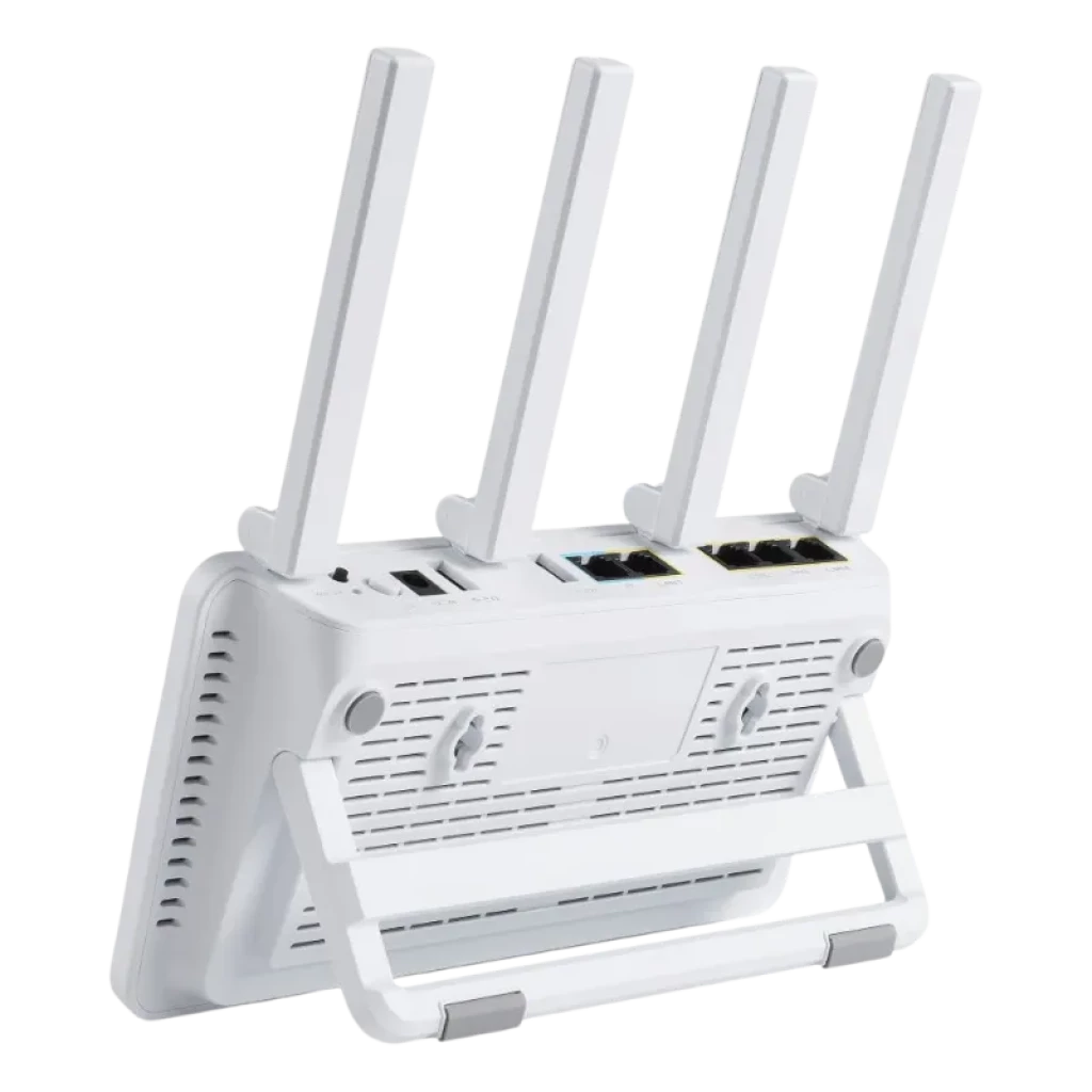 ASUS ExpertWiFi EBR63 WiFi 6, routeur professionnel blanc avec 4 antennes réglables, ports Ethernet et support pliable pour montage mural ou utilisation sur table