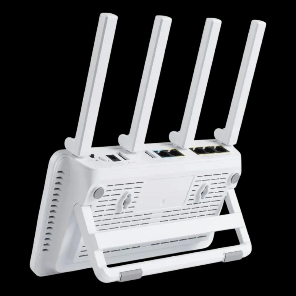 ASUS ExpertWiFi EBR63 WiFi 6, routeur professionnel blanc avec 4 antennes réglables, ports Ethernet et support pliable pour montage mural ou utilisation sur table