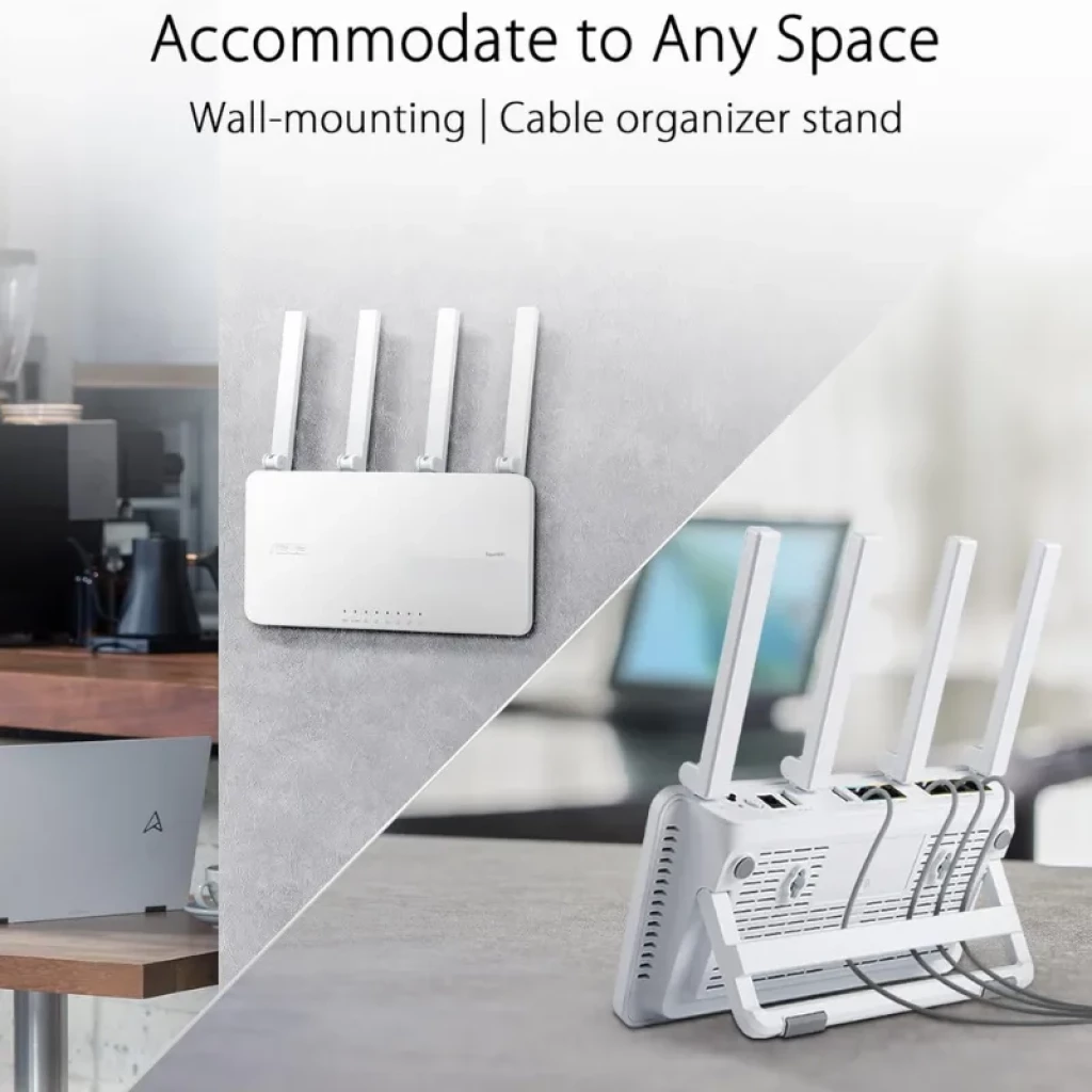 ASUS ExpertWiFi EBR63 WiFi 6 blanc avec 4 antennes externes, montage mural et socle de rangement des câbles, conception double bande pour les entreprises