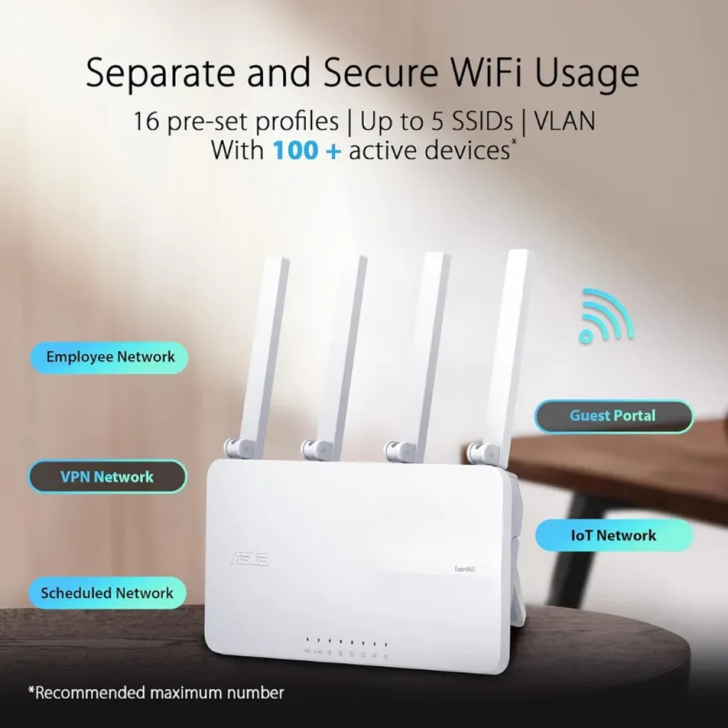 ASUS ExpertWiFi EBR63 WiFi 6, routeur double bande blanc avec trois antennes externes, voyants LED à l'avant et châssis minimaliste pour les réseaux d'entreprise