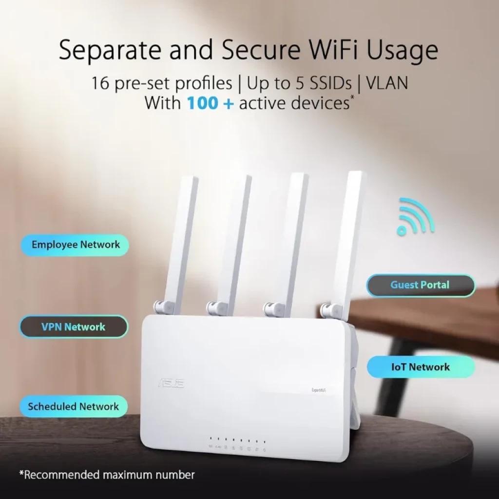 ASUS ExpertWiFi EBR63 WiFi 6, routeur double bande blanc avec trois antennes externes, voyants LED à l'avant et châssis minimaliste pour les réseaux d'entreprise