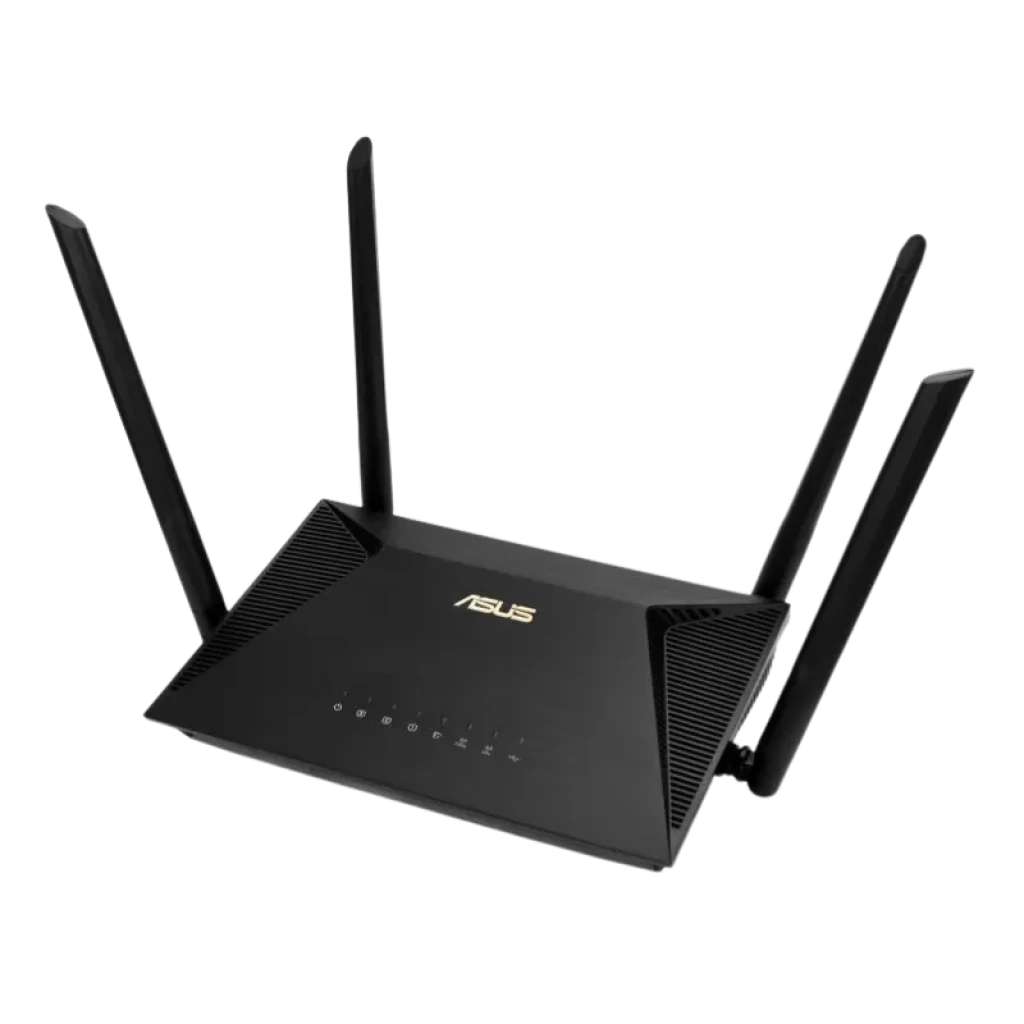 ASUS RT-AX53U AX1800 WiFi 6 en negro mate, cuerpo angular con 4 antenas externas, LEDs frontales de estado y rejillas laterales para ventilación