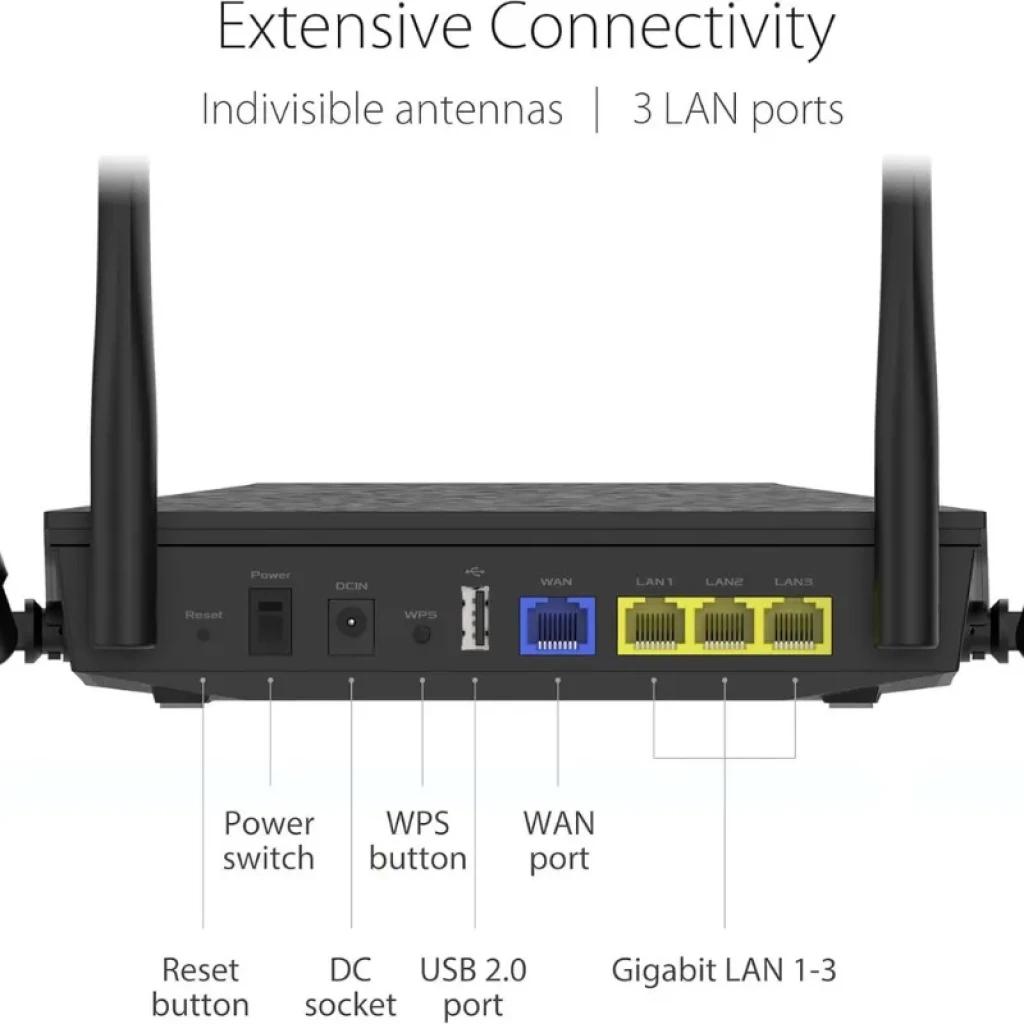 ASUS RT-AX53U AX1800 WiFi 6 con 4 antenas, 3 puertos LAN Gigabit, puerto WAN azul, USB 2.0, botones WPS y reset, interruptor de encendido y toma DC