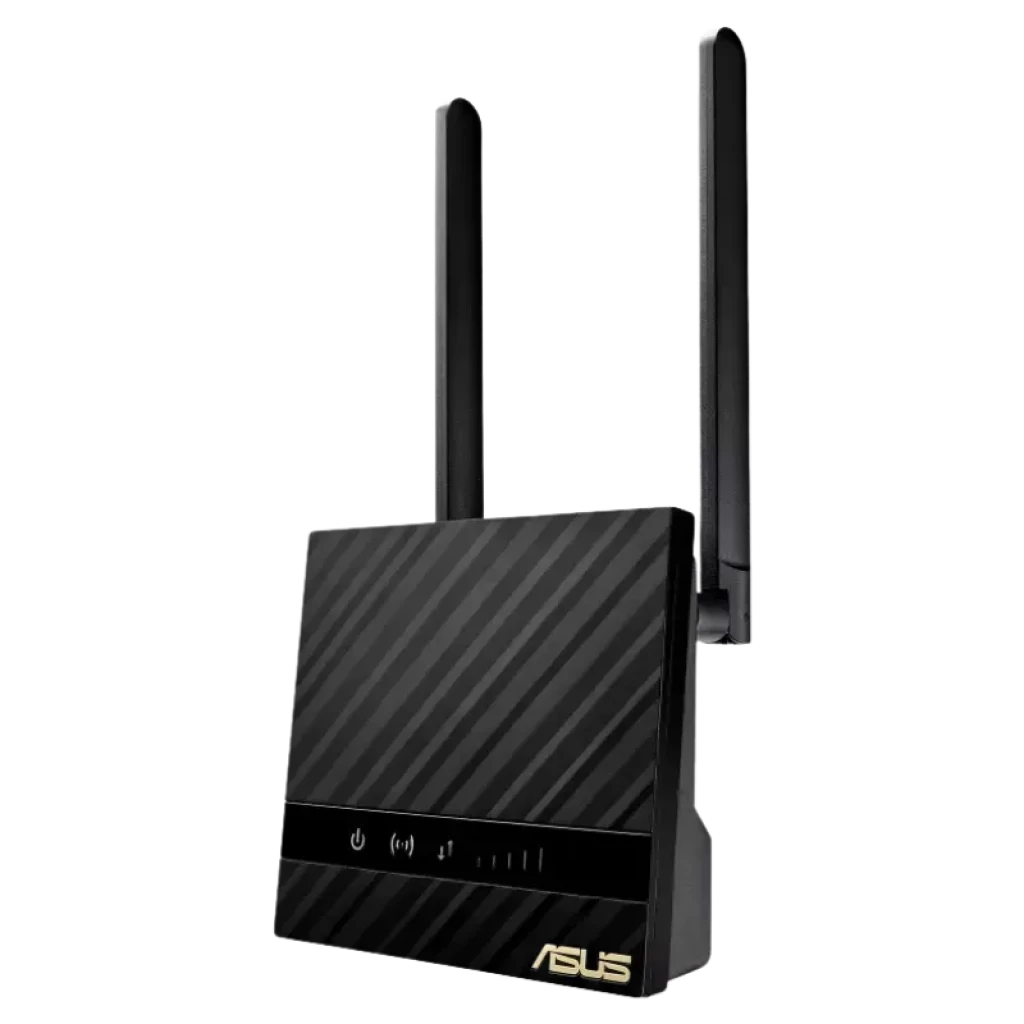 ASUS 4G-N16 N300 4G LTE - Router de red móvil negro con dos antenas externas, panel frontal con LEDs de estado y acabado texturizado en diagonal