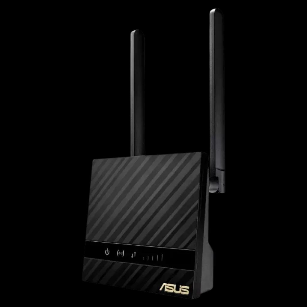ASUS 4G-N16 N300 4G LTE - Router de red móvil negro con dos antenas externas, panel frontal con LEDs de estado y acabado texturizado en diagonal