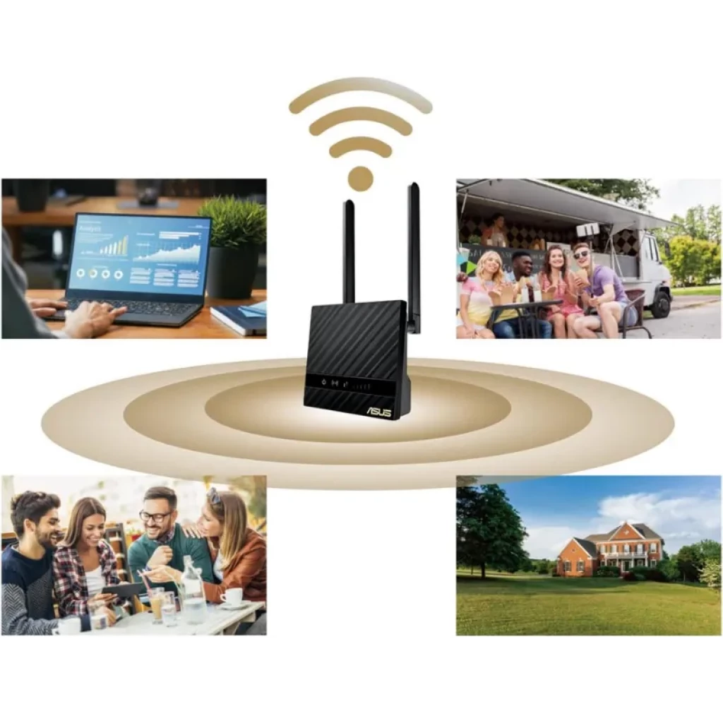 ASUS 4G-N16 N300 4G LTE Router de red móvil con dos antenas, LED frontales y diseño negro estriado; cobertura inalámbrica para hogar, oficina y exteriores