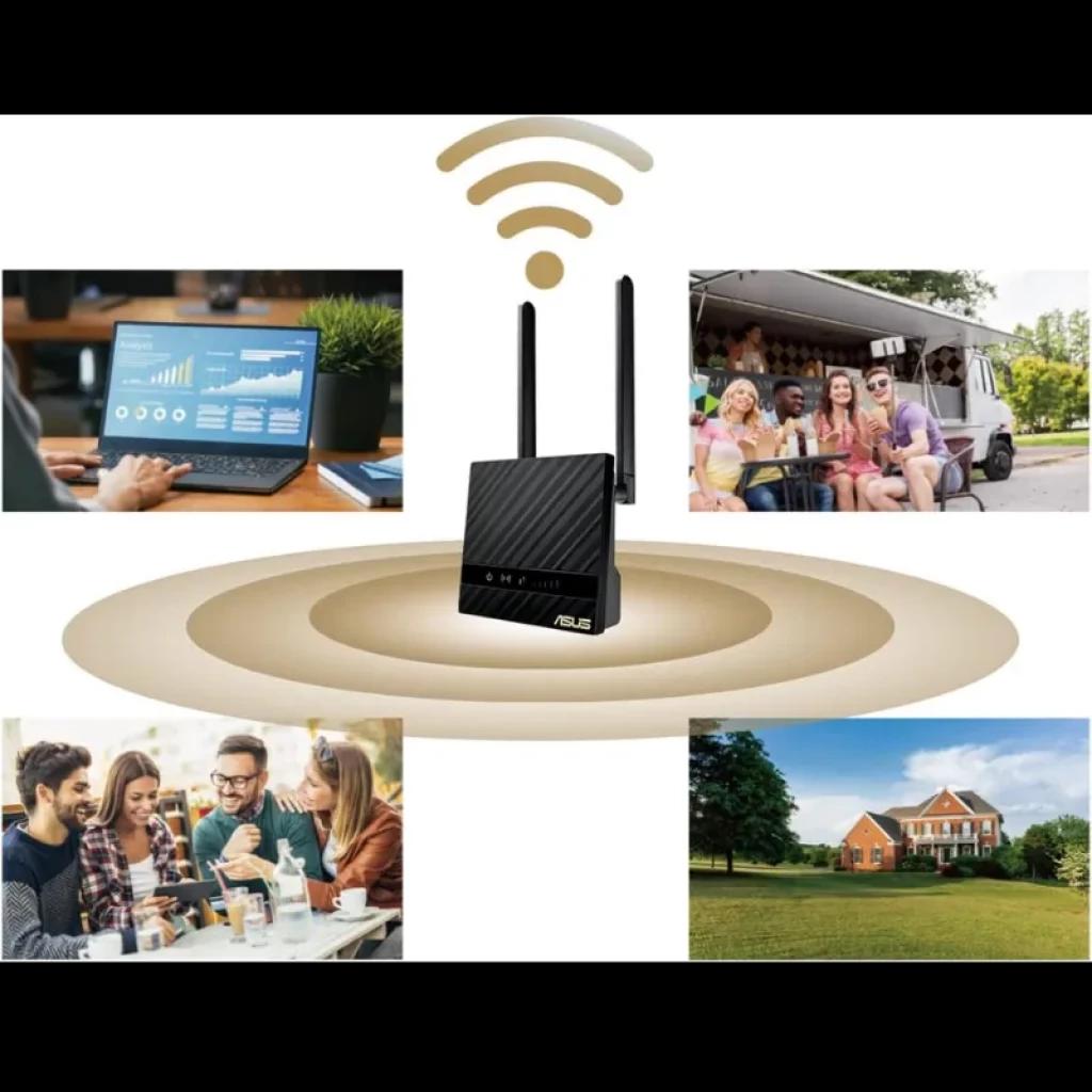 ASUS 4G-N16 N300 4G LTE Router de red móvil con dos antenas, LED frontales y diseño negro estriado; cobertura inalámbrica para hogar, oficina y exteriores