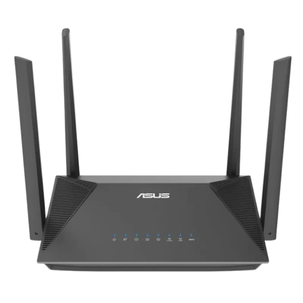 Router ASUS RT-AX52 AX1800 WiFi 6 de doble banda, diseño negro con cuatro antenas externas, luces LED frontales de estado y compatibilidad AiMesh