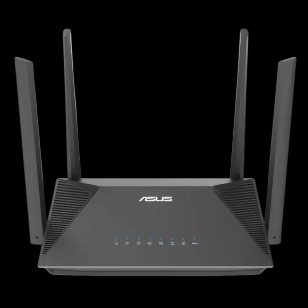 Router ASUS RT-AX52 AX1800 WiFi 6 de doble banda, diseño negro con cuatro antenas externas, luces LED frontales de estado y compatibilidad AiMesh