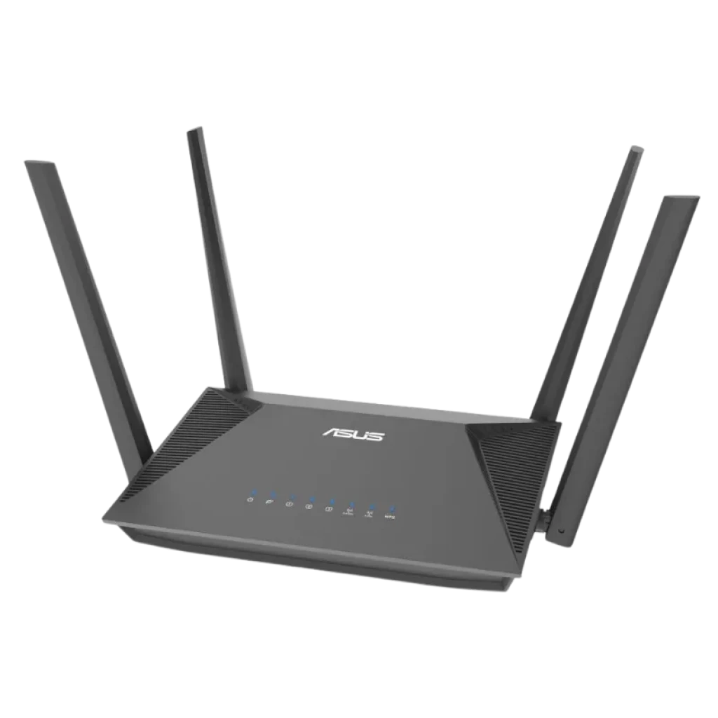 Router ASUS RT-AX52 AX1800 WiFi 6 con 4 antenas externas, diseño angular negro, LEDs frontales de estado y ventilación lateral