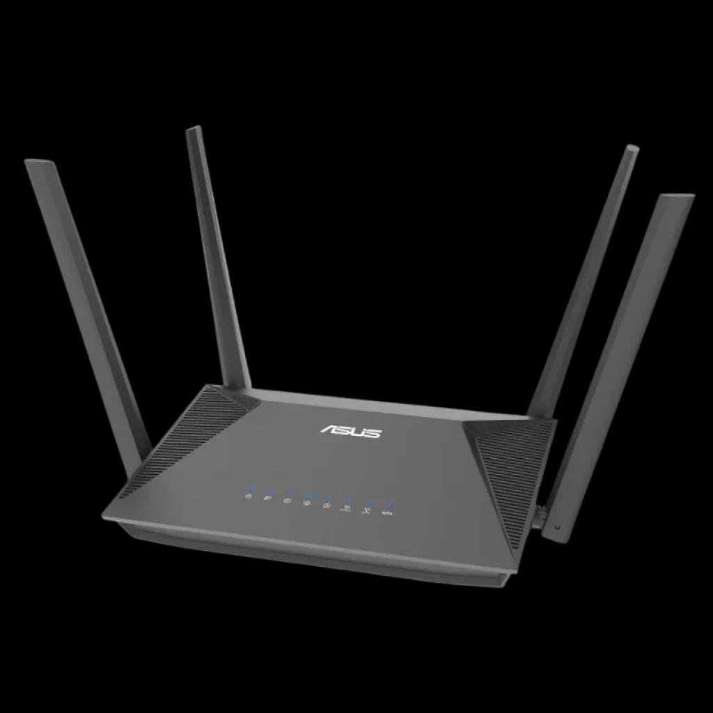 Router ASUS RT-AX52 AX1800 WiFi 6 con 4 antenas externas, diseño angular negro, LEDs frontales de estado y ventilación lateral