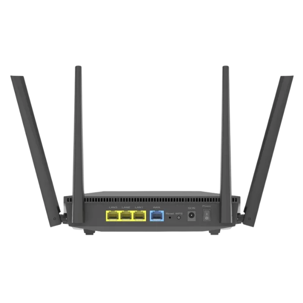 ASUS RT-AX52 AX1800 WiFi 6 con 4 antenas externas, puertos LAN amarillos, puerto WAN azul, botón WPS, encendido y alimentación en panel trasero