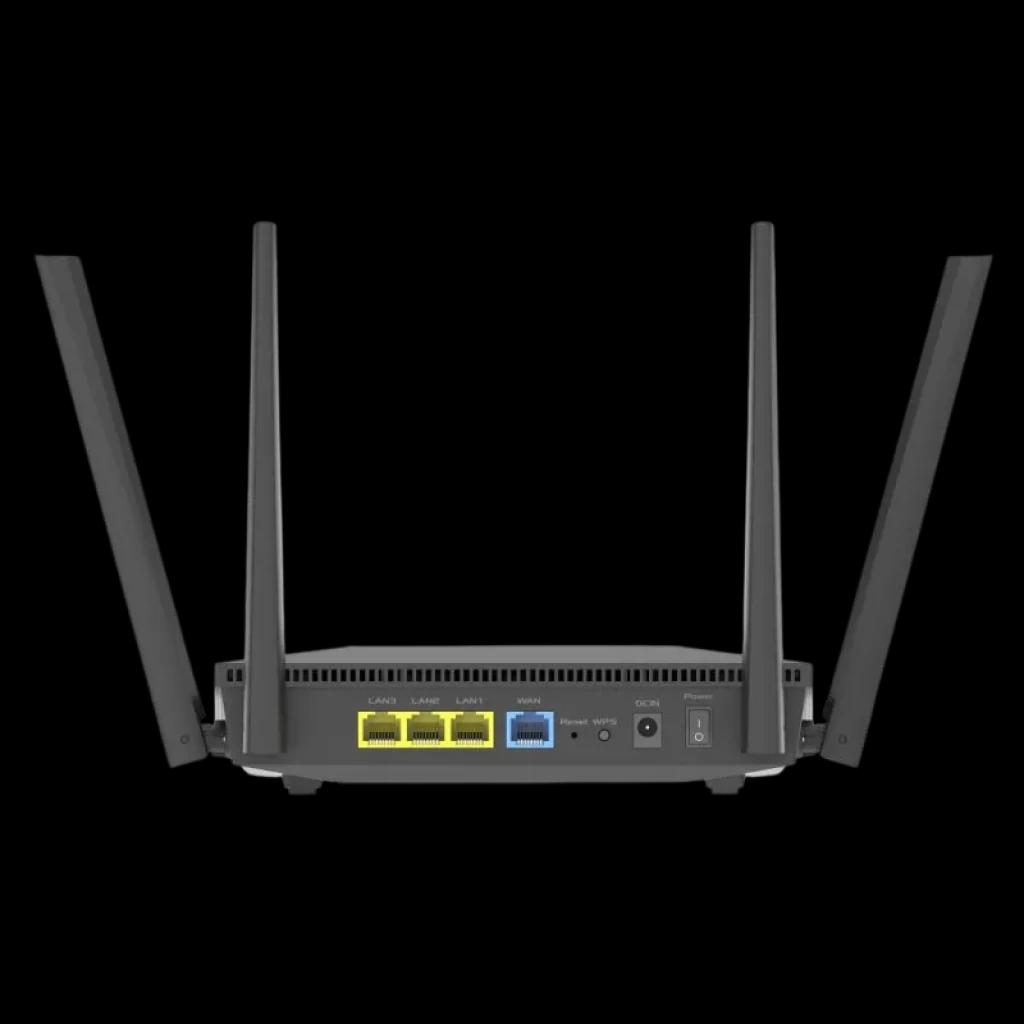 ASUS RT-AX52 AX1800 WiFi 6 con 4 antenas externas, puertos LAN amarillos, puerto WAN azul, botón WPS, encendido y alimentación en panel trasero
