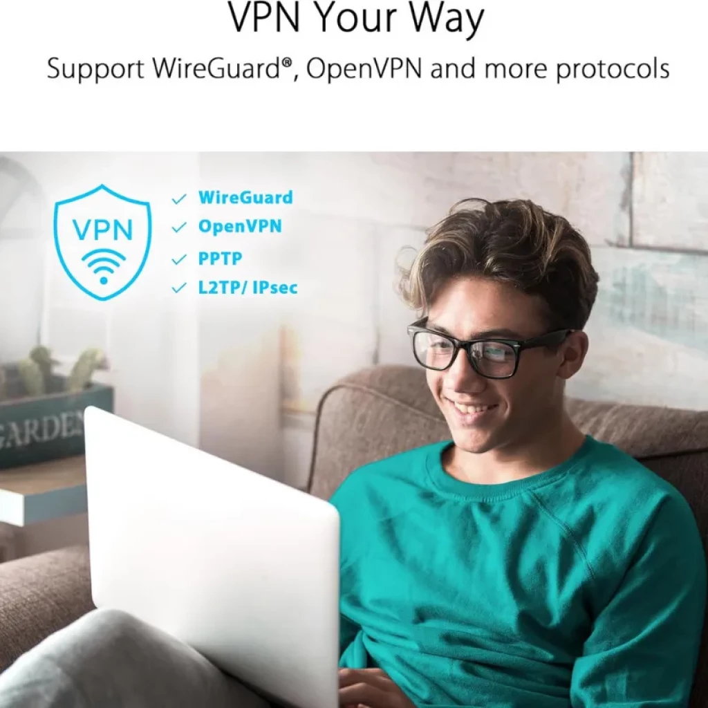 Joven usando portátil con icono de VPN y lista de protocolos: WireGuard, OpenVPN, PPTP y L2TP/IPsec; destaca compatibilidad VPN del ASUS RT-AX52 WiFi 6