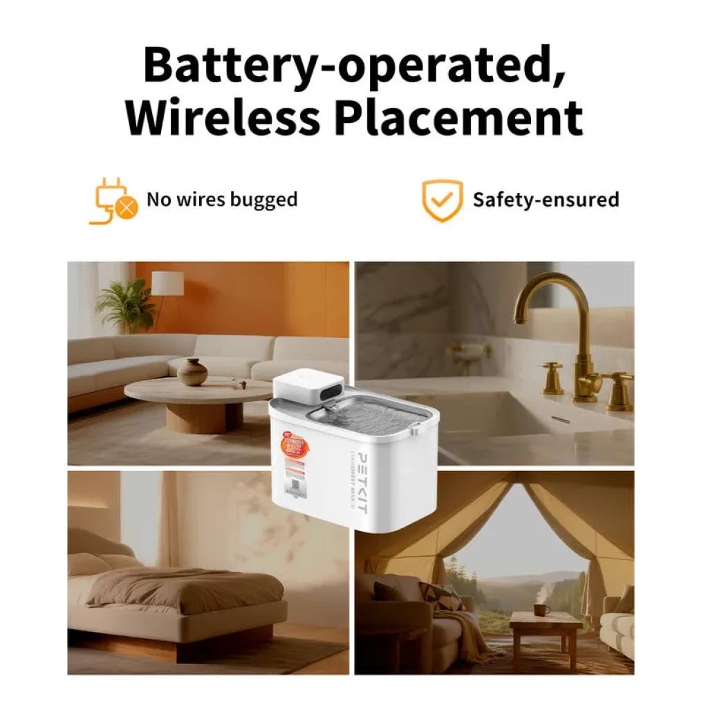 Bebedero blanco PETKIT EverSweet Max 2 con tapa gris, filtro UVC integrado y módulo de batería; diseño compacto, sin cables, apto para interiores y camping