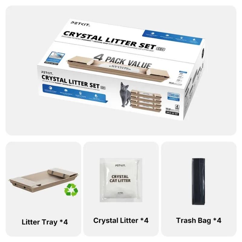 Contenido de la caja del PETKIT Crystal Litter Set, incluye 4 bandejas, 4 bolsas de arena y 4 bolsas para desechos