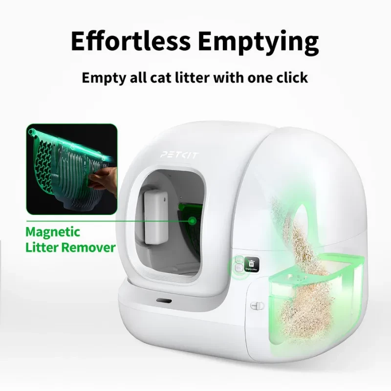 Vista da caixa de areia autolimpante com o PETKIT Set Recogedor Magnético de Areia para Gatos instalado e limpeza com um clique