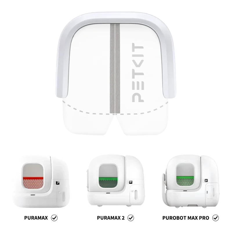 Vista frontal da PETKIT Cortina magnética antipó 2.0 e vista das bandejas de areia PETKIT compatíveis
