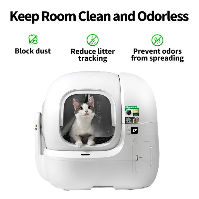 Principais funções do PETKIT Cortina magnética antipó 3.0, observa-se o areiro compatível com um gato dentro