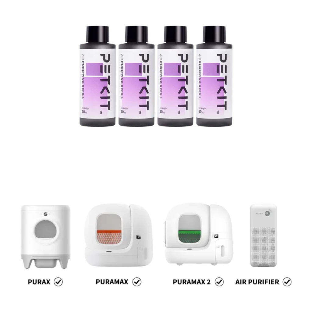 Petkit P9214 Recarga Concentrado Purificador de Ar 50ml 4 unidades, frascos transparentes com tampa preta e rótulo violeta, compatível com purificadores