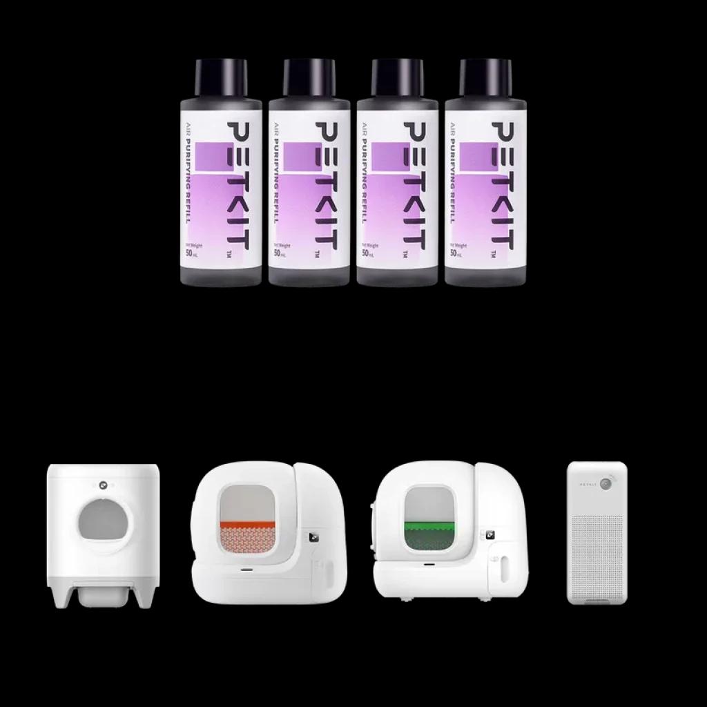 Petkit P9214 Recarga Concentrado Purificador de Ar 50ml 4 unidades, frascos transparentes com tampa preta e rótulo violeta, compatível com purificadores