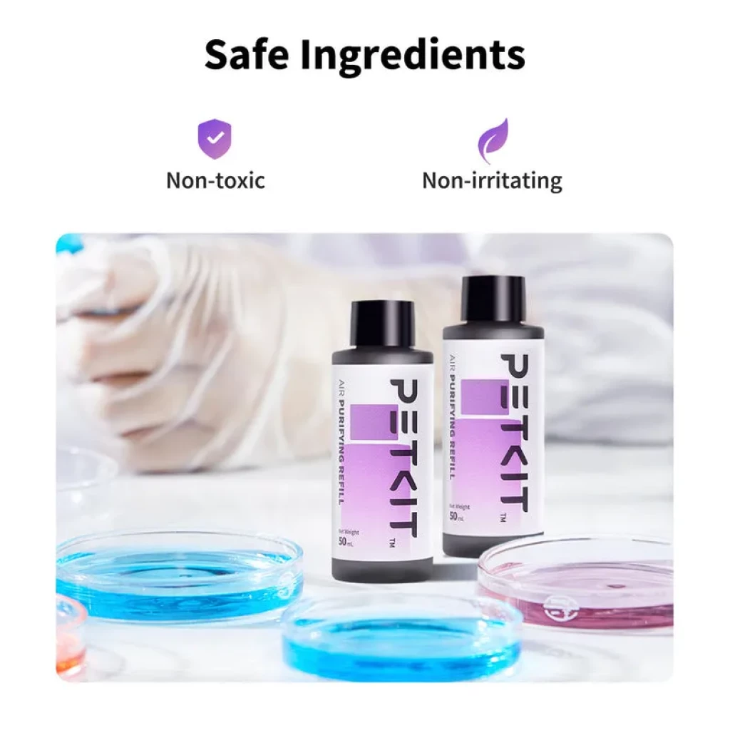 Petkit P9214 Recarga Concentrado Purificador de Ar 50 ml 4 unidades, frascos cinzentos com rótulo roxo; fórmula não tóxica e não irritante.