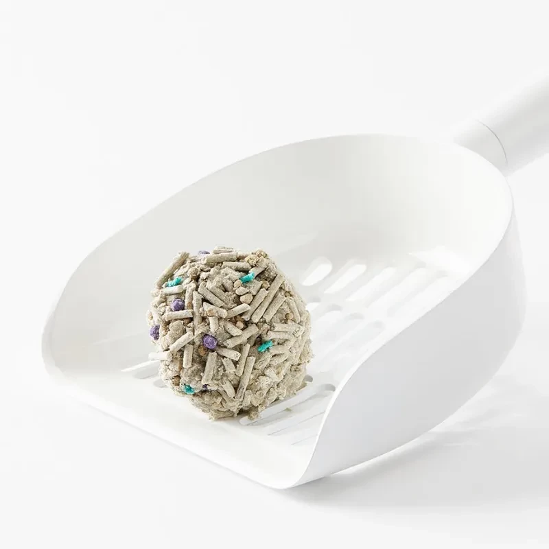 Palita blanca con ranuras sosteniendo bola de arena aglutinada con gránulos mixtos beige y puntos verdes y morados, limpia y de diseño minimalista