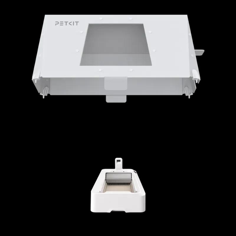 Vue du PETKIT Front Entry Hood avec illustration du bac à sable autonettoyant compatible