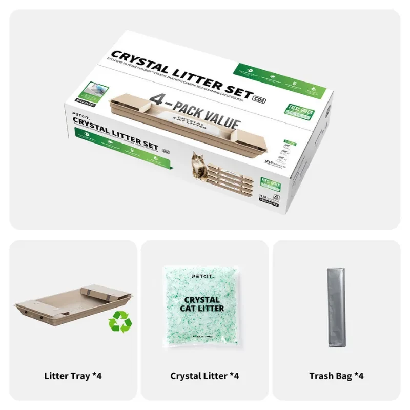 Contenu de la boîte du PETKIT Crystal Litter Set : 4 bacs, 4 sacs de litière et 4 sacs pour déchets