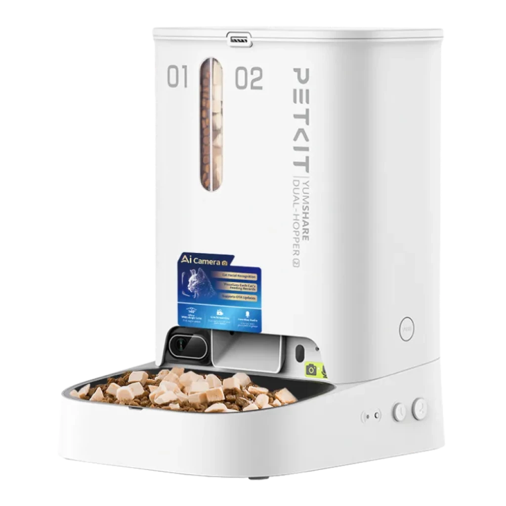 Comedero inteligente PETKIT Yumshare Dual-Hopper 2 blanco con doble tolva visible, cámara frontal AI, micrófono bidireccional, bandeja amplia y botones