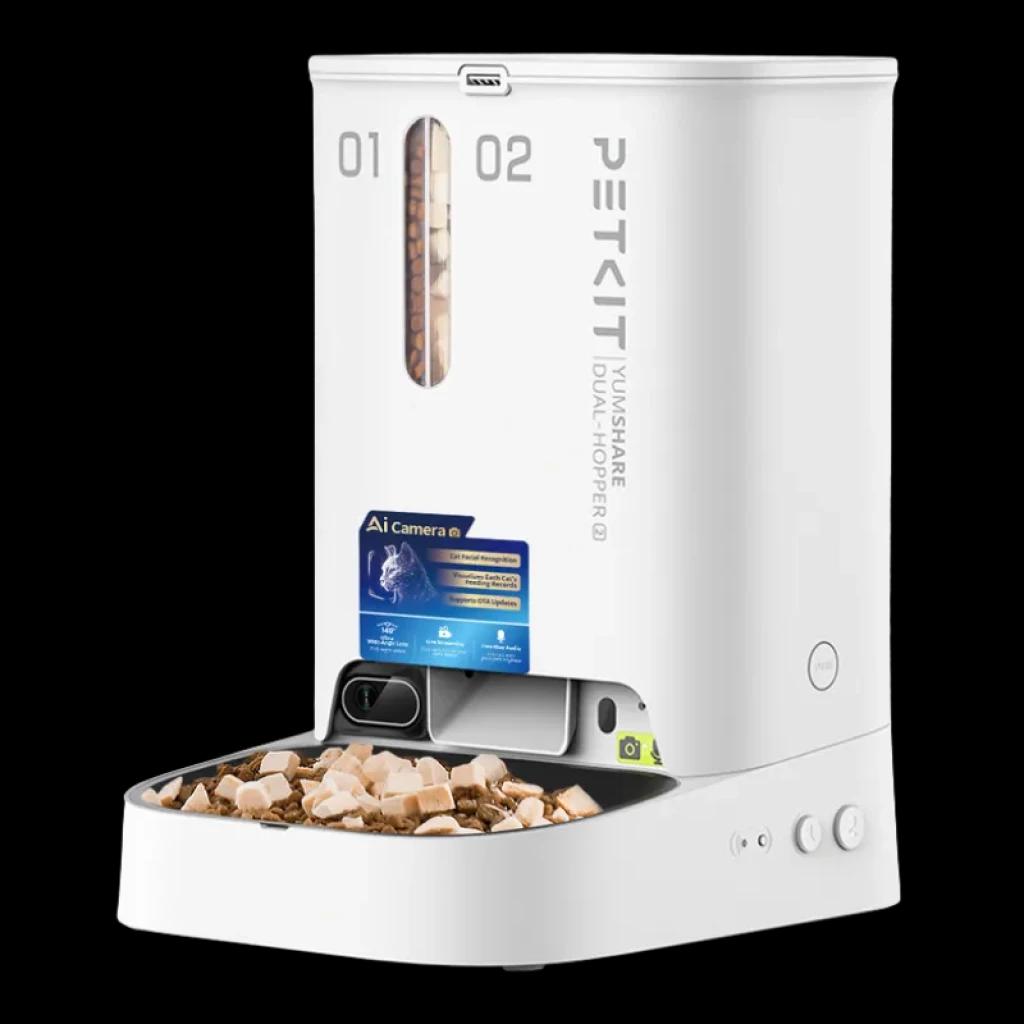 Comedero inteligente PETKIT Yumshare Dual-Hopper 2 blanco con doble tolva visible, cámara frontal AI, micrófono bidireccional, bandeja amplia y botones