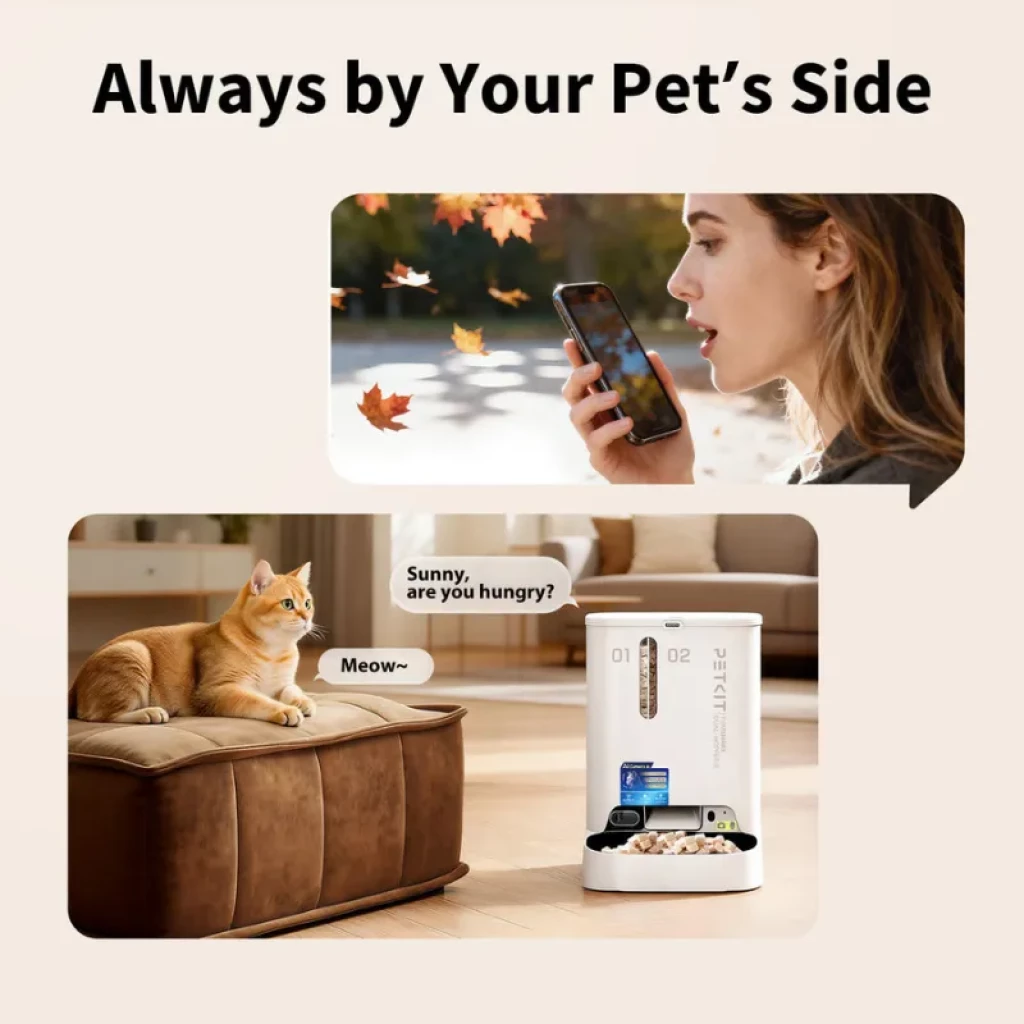 Comedero inteligente PETKIT Yumshare Dual-Hopper 2 blanco con dos tolvas Q1 y Q2, cámara frontal, micrófono y altavoz para audio bidireccional con mascota
