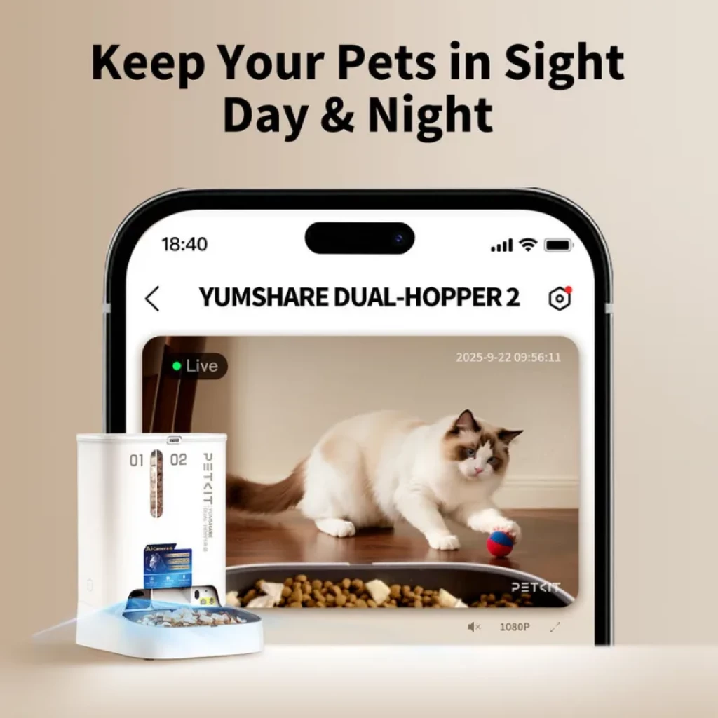 Comedero inteligente PETKIT Yumshare Dual-Hopper 2 con cámara y audio bidireccional, doble tolva numerada, dispensador de croquetas y app móvil en pantalla