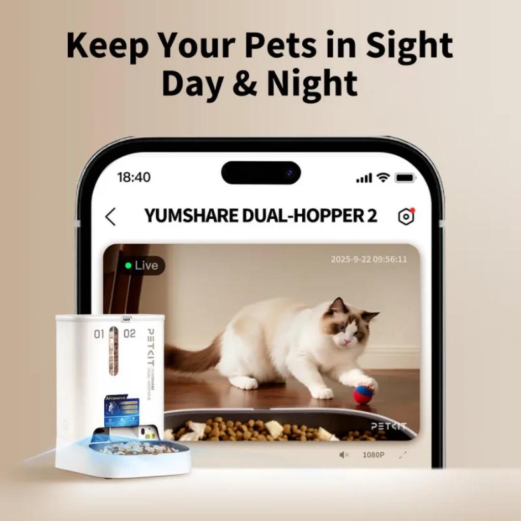 Comedero inteligente PETKIT Yumshare Dual-Hopper 2 con cámara y audio bidireccional, doble tolva numerada, dispensador de croquetas y app móvil en pantalla