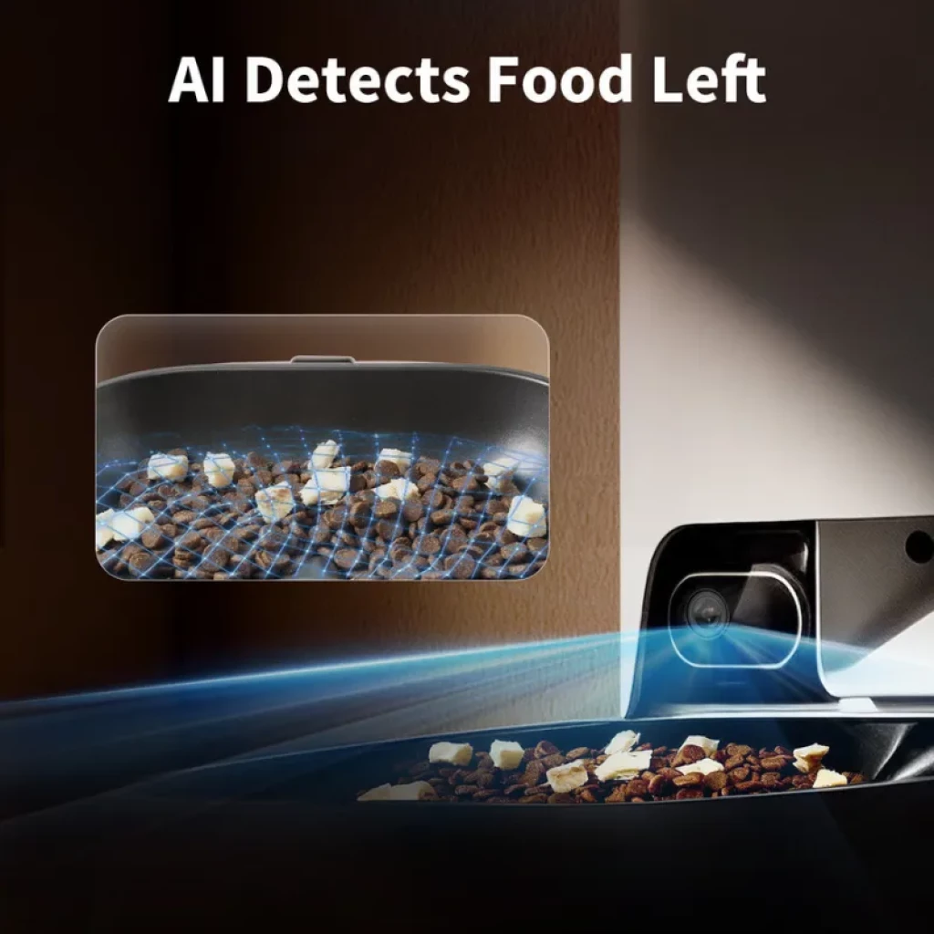 Cámara con micrófono y sensor AI que detecta croquetas restantes; módulo del PETKIT Yumshare Dual-Hopper 2 para control preciso de alimento
