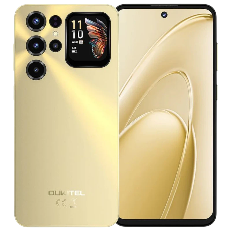 Imagen frontal y trasera del Oukitel C68 Plus, con la pantalla trasera y doble cámara de 64 MPx, en dorado
