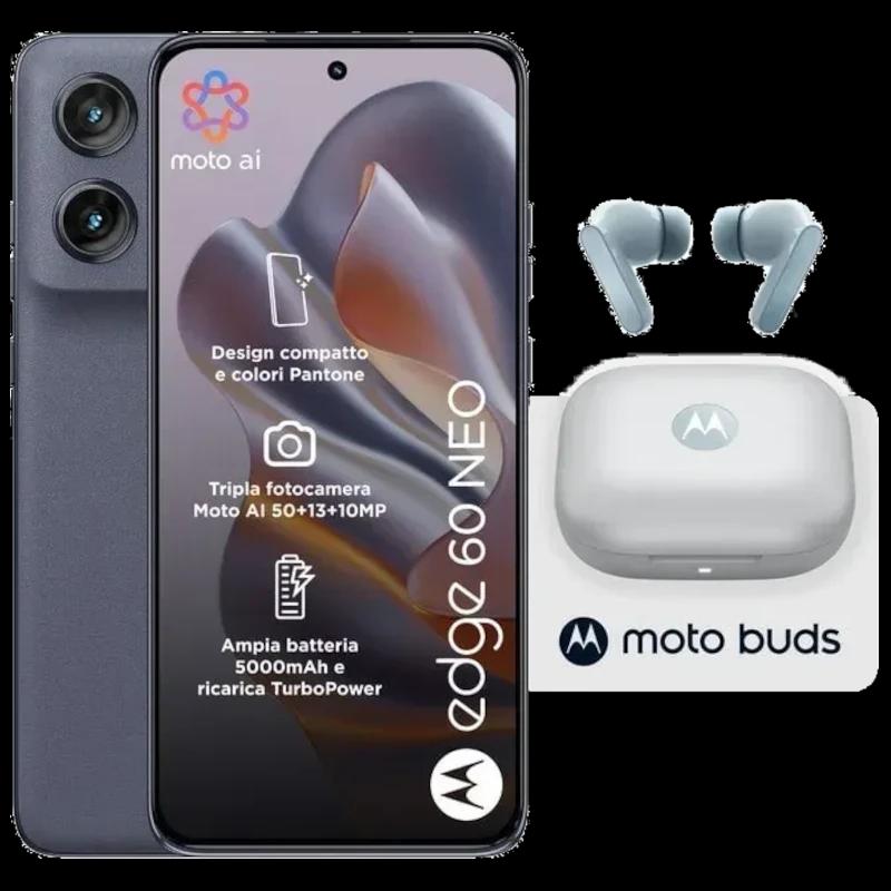 Motorola Edge 60 Neo 5G Azul Grisaille con triple cámara Sony 50 MP, pantalla perforada, 8 GB RAM, cuerpo compacto Pantone y auriculares Moto Buds con estuche