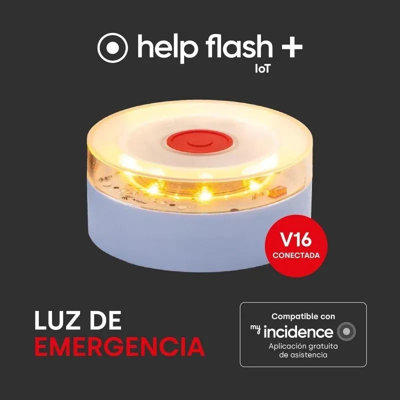 Help Flash IOT Plus V16 conectada, luz de emergência branca, 250 candelas, LEDs amarelos circulares, botão central vermelho, base cinza, homologada DGT 3.0