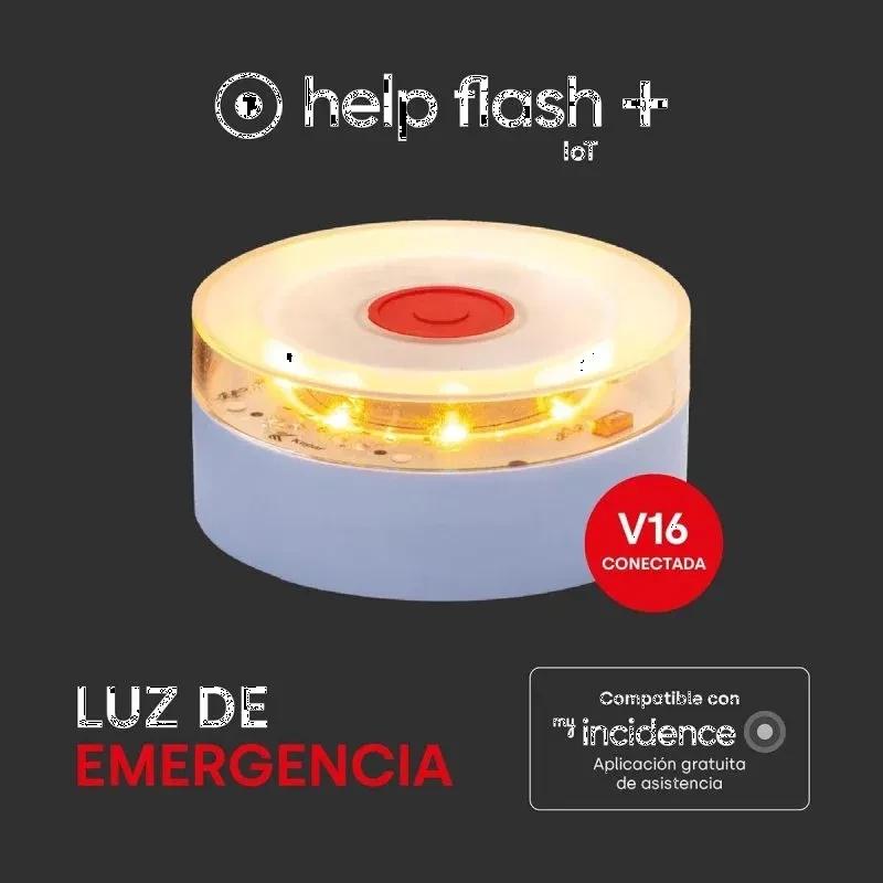 Help Flash IOT Plus V16 conectada, luz de emergência branca, 250 candelas, LEDs amarelos circulares, botão central vermelho, base cinza, homologada DGT 3.0