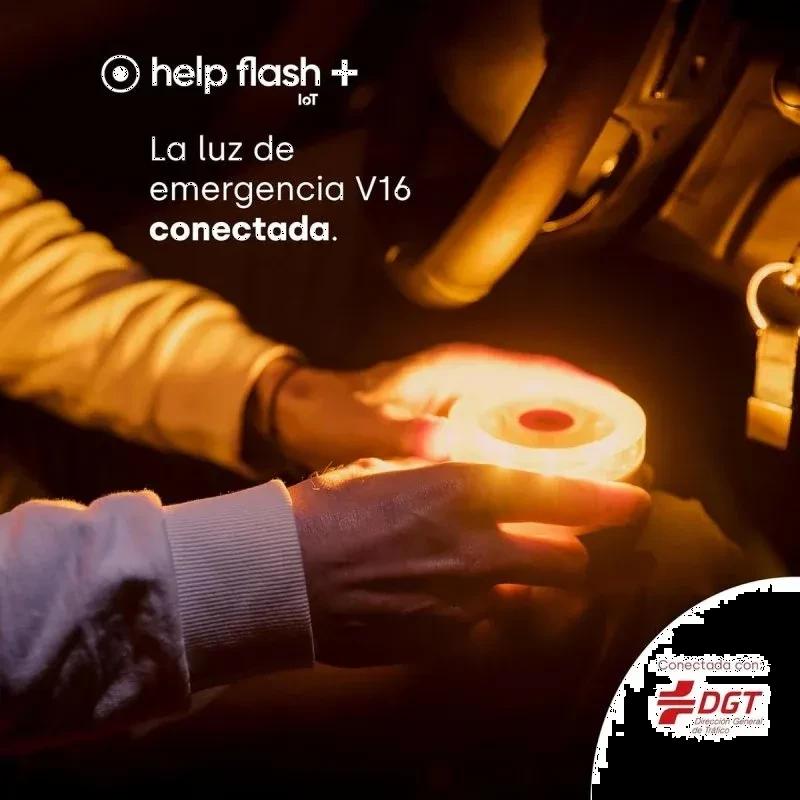 Help Flash IOT Plus V16 branca, luz de emergência conectada, 250 candelas, homologada DGT 3.0, geolocalizável, design compacto para uso rápido no carro