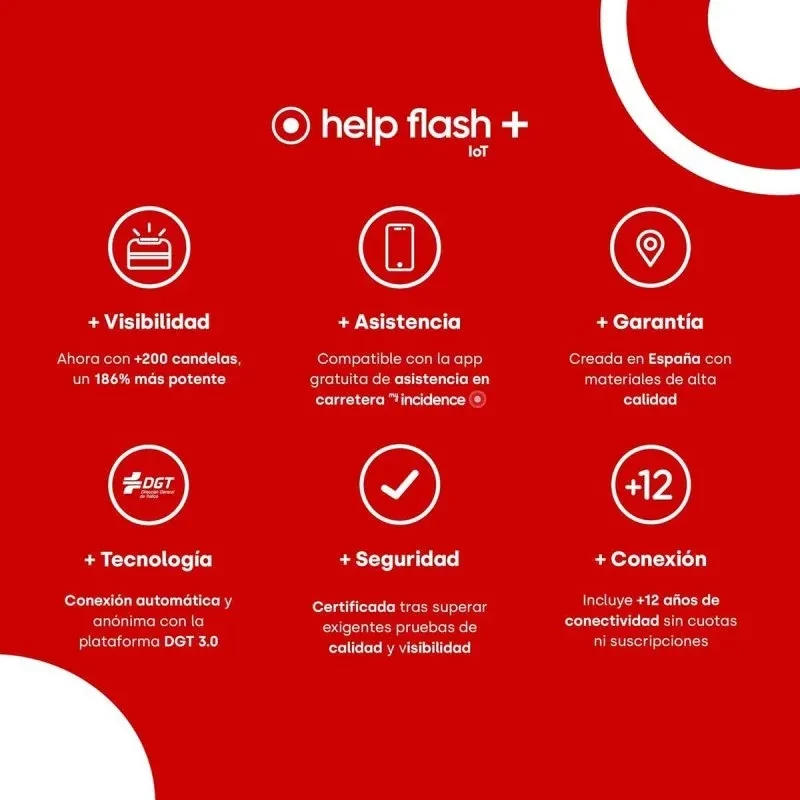 Help Flash IOT Plus branca, baliza de emergência com luz LED potente 250 candelas, homologada DGT 3.0, geolocalizável, conexão automática e 12 anos de