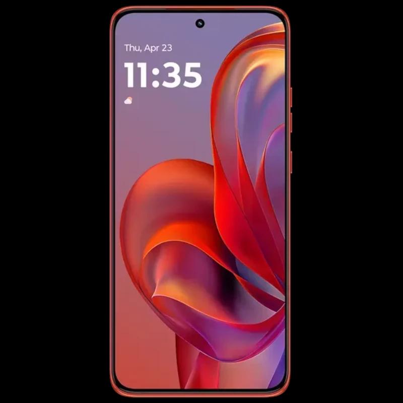 Pantalla 6.36 Super HD casi sin bordes con cámara frontal centrada en orificio; bordes finos en tono rojo Poinciana y diseño curvo elegante